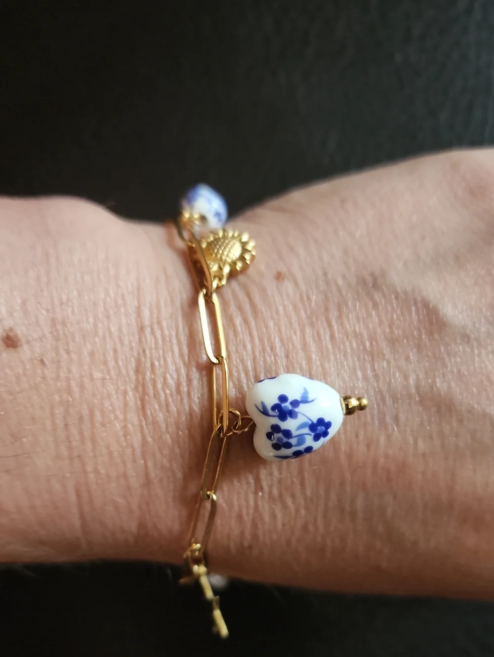 Gold Tone Stainless Steel Chain Bracelet with Blue Floral Porcelain Charms